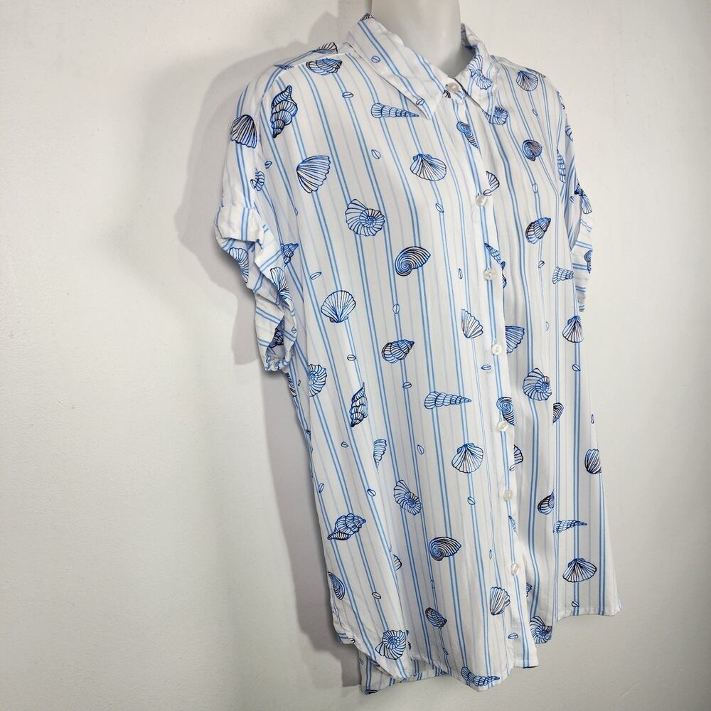 Jane And Delancey Shirt Blue Button Short Cuffed Sleeve Seashell Stripes Large - Picture 5 of 9